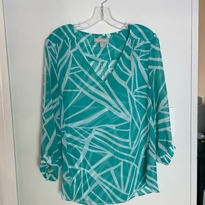 Banana Republic Teal & White Abstract Sheer 3/4 sleeve Blouse, S